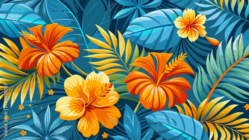 Seamless pattern with tropical flowers and palm leaves. Vector illustration