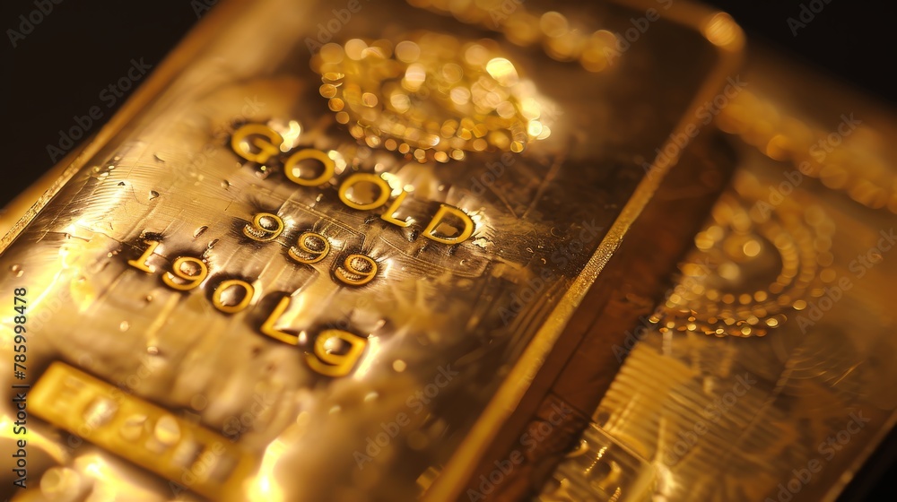 Uses macro photography to capture the intricate details of the gold bar, emphasizing the texture and shimmering golds that convey its opulence Uses macro photography to capture the intricate details of the gold bar, emphasizing the texture and shimmering golds that convey its opulence
