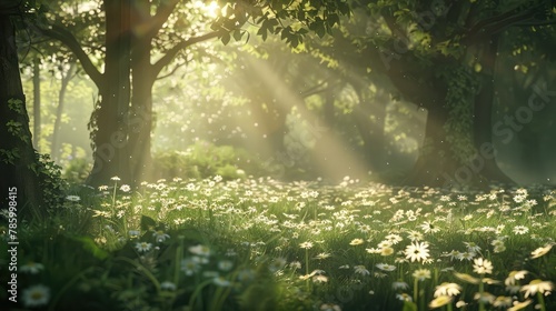 A magical glade in a forest, where sunlight filters through the trees, illuminating the delicate daisy blossoms in a dance of light and shadow.