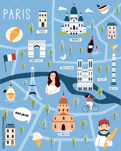 Colorful illustrated cartoon map of Paris, France with famous places, landmarks, symbols. Can be used for posters, travel guides, wall arts