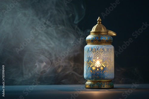 Beautiful Arabic lantern on a dark background with smoke, Ramadan Kareem