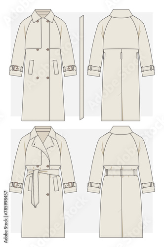 Classic trench coat technical sketch. Vector illustration.