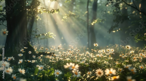A magical glade in a forest, where sunlight filters through the trees, illuminating the delicate daisy blossoms in a dance of light and shadow.