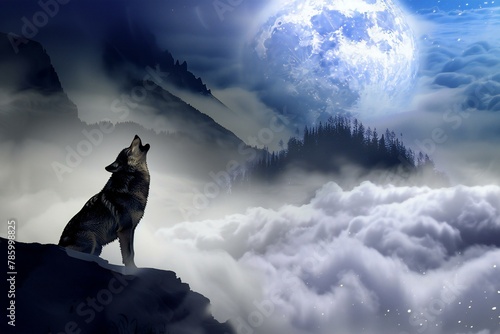 Wolf howling at the moon in the night sky, rendering