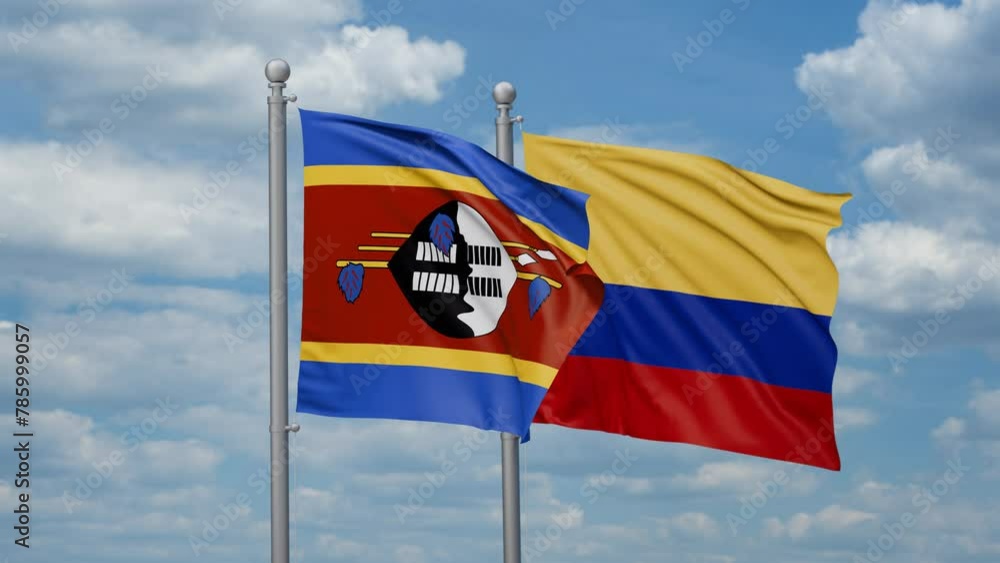 Colombia and Eswatini two flags waving together, looped video, two country cooperation concept Colombia and Eswatini two flags waving together, looped video, two country cooperation concept