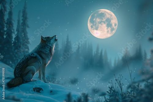 Coyote in the winter forest at full moon night, illustration