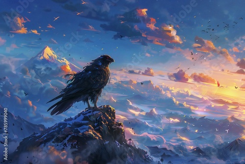 Drawing of a crow on a rock in the mountains at sunset