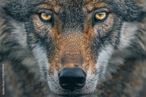 Close-up portrait of a wolf with yellow eyes,  Wildlife animal photo