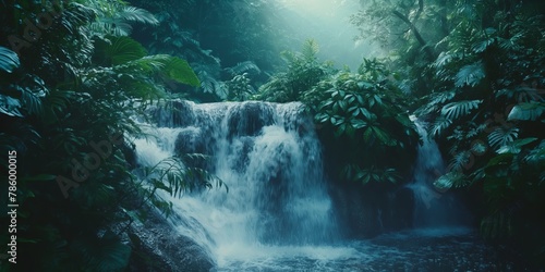 Dense  vibrant greenery embraces a cascading waterfall in a scene that s both tranquil and alive with the sounds of nature