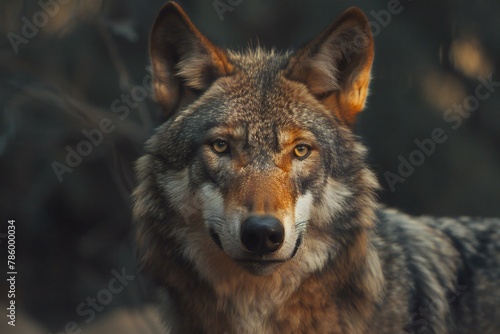 Close up portrait of a grey wolf, Canis lupus signatus photo