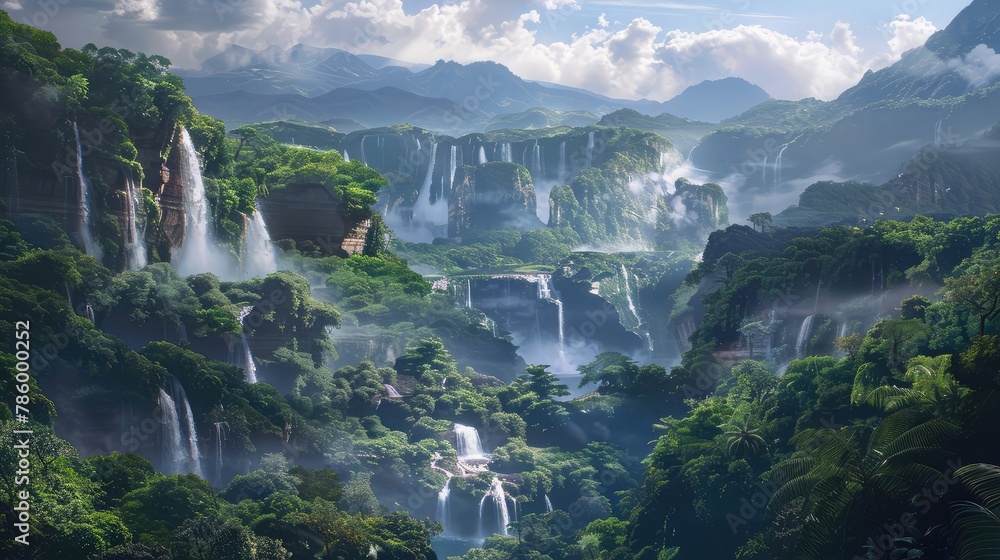 A majestic canyon carved by millennia of natural forces, with towering cliffs adorned with verdant foliage and cascading waterfalls,