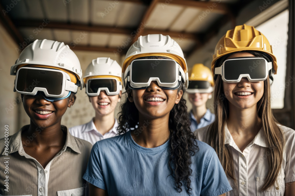 Portrait of happy female engineers with hard hats standing together in warehouse Portrait of happy female engineers with hard hats standing together in warehouse