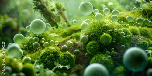 A dreamlike depiction of a mossy forest floor with supernatural green spheres gently floating above, inviting imagination