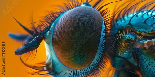 Macro photograph showcasing intricate details of a fly's eye with vivid orange and blue hues enhancing its complexity photo