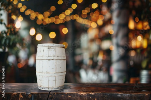 Coffee cup on wooden table with bokeh background