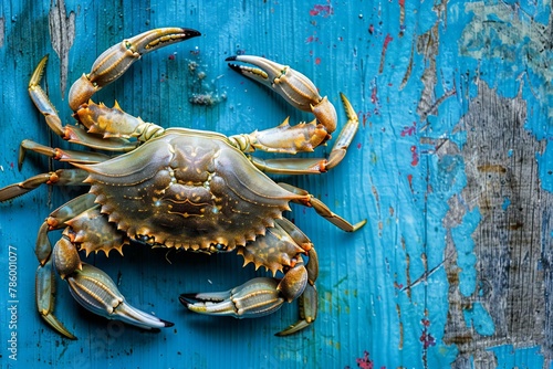 Fresh blue crab on blue wooden background, Top view, copy space