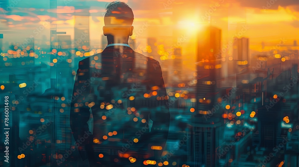Portrait of man wearing suite standing in office next to window with blurred bokeh light double exposure overlay of night cityscape