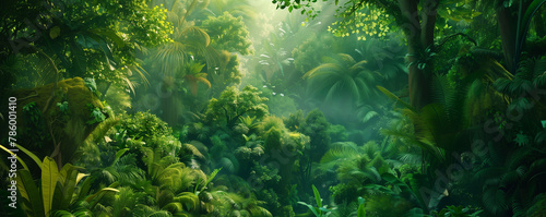 Dense jungle, wild forest with trees and tropical plants, green wilderness, adventure on rainforest, panoramic, generative ai
