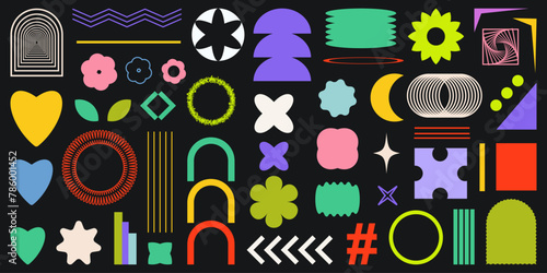 Abstract Shapes set y2k style for banner.Groovy Retro Y2k aesthetic.Trendy 90s.Trendy geometric forms for banner stickers poster.Simple shapes Flower spiral wave.Elements 2000s.Vector illustration.Bru