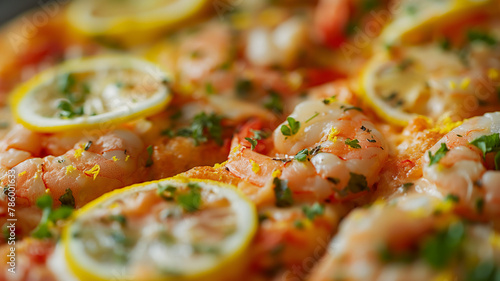 Close-up of shrimp garnished with lemon slices and herbs.