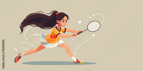 Banner with a young woman or girl playing badminton, in motion, copy space