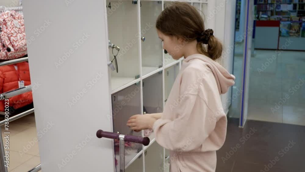 Close-up of storage lockers in a supermarket, store in which a girl visitor puts his things and closes and opened the doors with a key with the number 1. Close-up of storage lockers in a supermarket, store in which a girl visitor puts his things and closes and opened the doors with a key with the number 1.