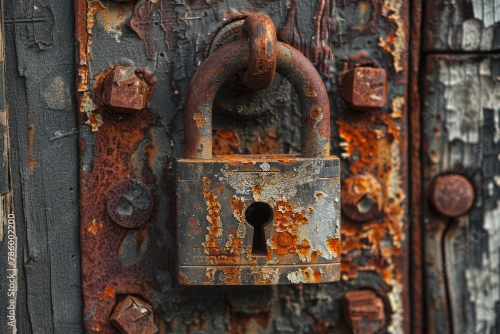 A weathered, rusty padlock secures an aged door, captured in close-up