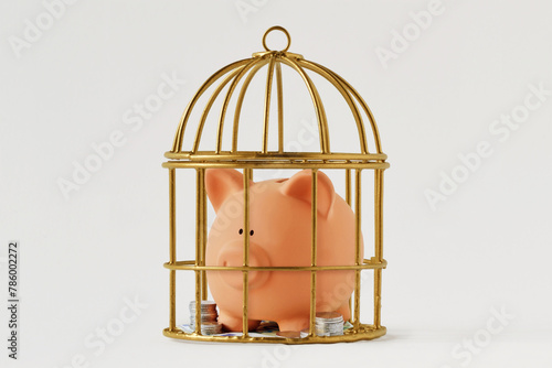 Piggy bank trapped in a cage on white background - Concept of economy and savings © calypso77