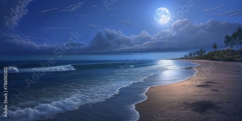 A serene moonlit beach scene with waves gently lapping the shore under a starry sky and a bright full moon