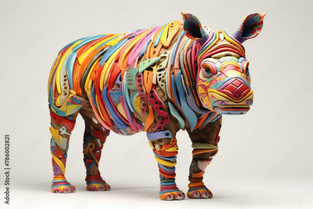  rendering of a rhinoceros made of colorful plasticine - obrazy, fototapety, plakaty 