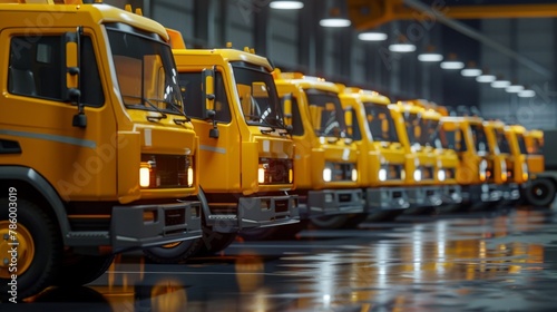 A fleet of yellow trucks are parked in a warehouse.