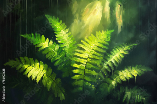 fern leaves in sunlight painted with oil paints, wall painting, idea for interior decor