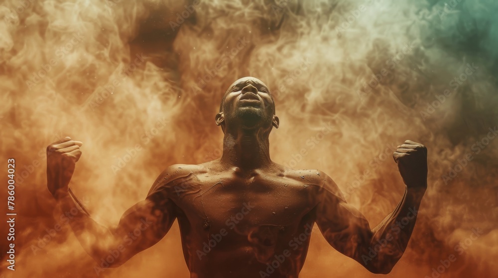 A muscular African-American man with his arms raised in victory, surrounded by smoke and fire. A muscular African-American man with his arms raised in victory, surrounded by smoke and fire.