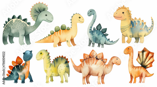 Set of watercolor illustrations of colorful cute dinosaurs
