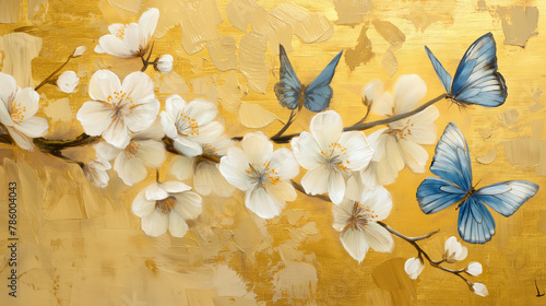 white flowers on a gold background and pale blue butterflies, oil painting, idea for wall decor