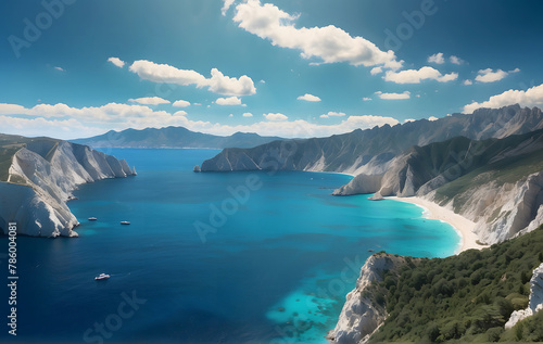 Italian coastline with a cassette-shaped caldera, featuring shades of dark turquoise and light turquoise