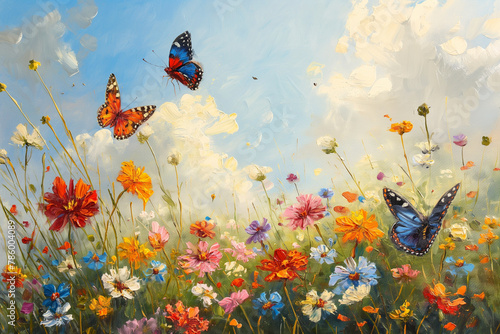 colorful flower meadow with butterflies on a bright sunny day, oil painting