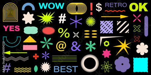 Abstract Shapes set y2k style for banner.Groovy Retro Y2k aesthetic.Trendy 90s.Trendy geometric forms for banner,stickers,poster.Simple shapes,Flower,spiral,wave.Elements 2000s.Abstract brutal forms (ID: 786004210)