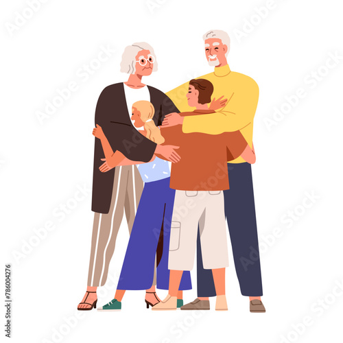 Happy grandparents hugging grandchildren. Young and old generations together. Family, elderly grandma, grandpa and kids, children embracing. Flat vector illustration isolated on white background