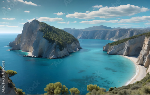 Italian coastline with a cassette-shaped caldera, featuring shades of dark turquoise and light turquoise