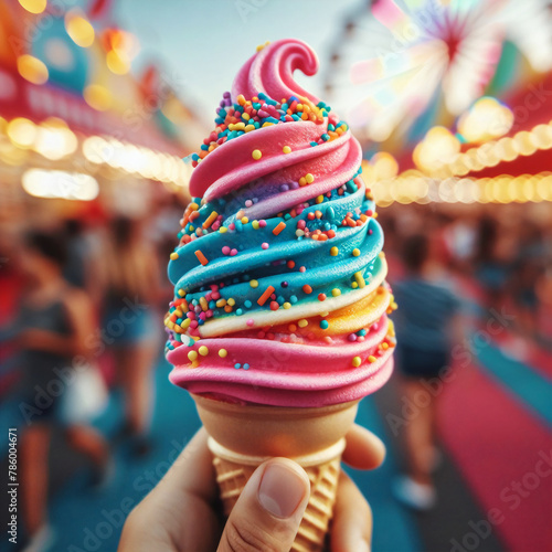 hand holding swirl rainbow ice cream in fun fair © M.studio
