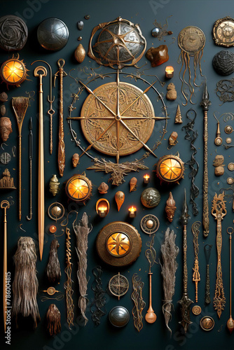 Illustration of Wiccan symbols and tools. photo