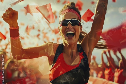 A dynamic female fitness model in a fiery red and black racing outfit, finishing a marathon, with cheering spectators and fluttering flags in the background