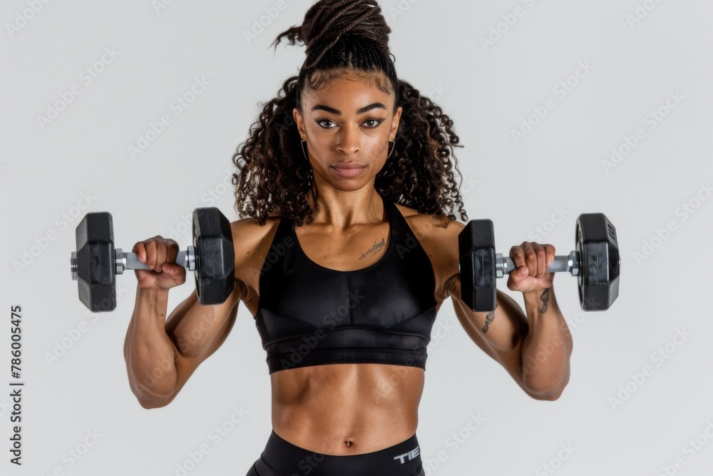 A studio portrait of a female fitness model clad in a sleek all-black ensemble, lifting dumbbells with focus and determination, set against a stark white background A studio portrait of a female fitness model clad in a sleek all-black ensemble, lifting dumbbells with focus and determination, set against a stark white background