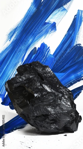Photographs the carbon chunk with electric blue painted brush strokes in the background, combining raw natural forms with bold, artistic expressions