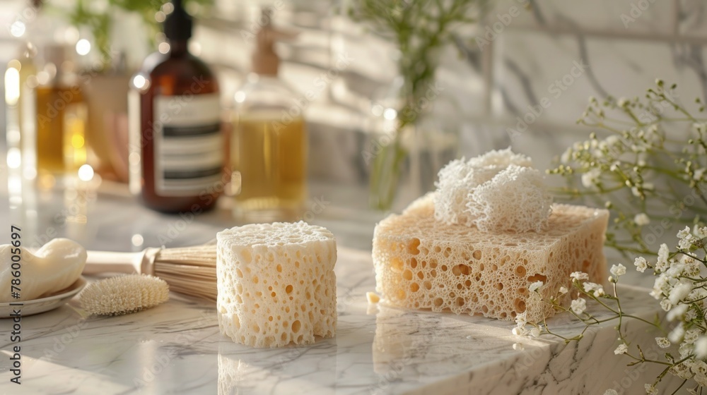 Detailed image of eco-friendly cleaning products, including a natural sponge and homemade soap, on a marble countertop Detailed image of eco-friendly cleaning products, including a natural sponge and homemade soap, on a marble countertop