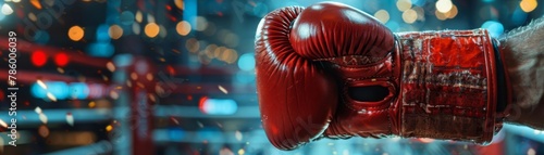 A close up of a red boxing glove with a bright background of a boxing ring with bright lights.