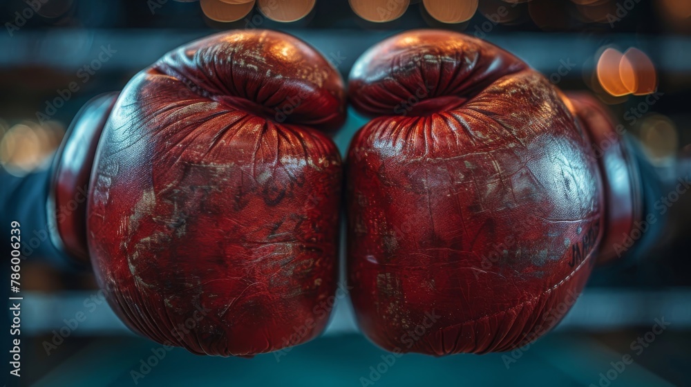 A pair of red boxing gloves with a black background - obrazy, fototapety, plakaty 