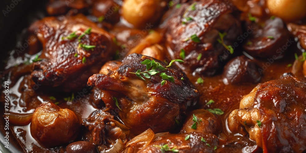 A close-up of succulent beef stew richly garnished with caramelized onions and earthy mushrooms, sprinkled with fresh herbs A close-up of succulent beef stew richly garnished with caramelized onions and earthy mushrooms, sprinkled with fresh herbs