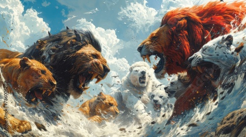 A pride of lions and a pack of polar bears fighting in a frozen tundra.